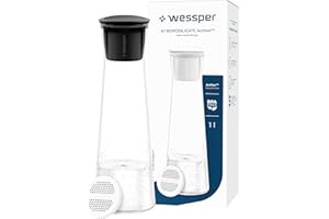 Wessper Carafe Filtrante en Verre, 1 LItre, Carafe à eau avec Cartouche Filtrante Actitex Disc, Carafe eau en Verre avec Couvercle pour l'eau et les Boissons Froides, Sans BPA – Noir