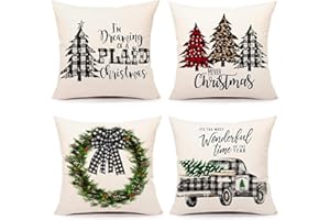 4TH Emotion Christmas Cushion Covers 18 x 18inches, Xmas Design Decorations, Linen Covers Zipped Square Pillowcase for Sofa Car Home Bed Decor, Set of 4
