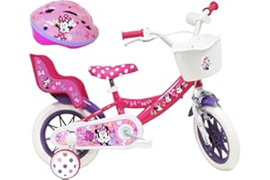 A.T.L.A.S. Vélo Enfant 12' Minnie de Disney équipé de 1 Frein, Panier Avant, Porte poupée arrière, Garde boues + Casque Inclus !, Rose