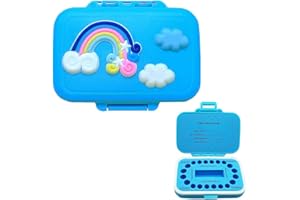 FROHSTADT Milchzahndose 20 Fach mit Baumwolle | Lebensmittelechte Plastik Zahnbox Jungen Mädchen | Zahnfee Geschenk & Taufgeschenke | Wasserdichter Silikonring + Drehverschluss (Regenbogen Design) (Blau)