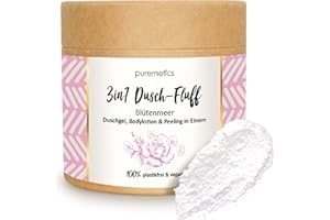 ‎PUREMETICS puremetics 3in1 Dusch-Fluff Blütenmeer mit Zuckerpeeling, 250 g Duschgel, Peeling und Lotion in Einem, vegan & plastikfrei