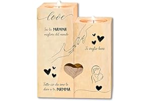 EQUIK PRODUCTS Portacandele legno | Regalo mamma, Regalo donna, Idee regalo compleanno, Regalo per Natale | Portacandela, Candela legno, Candelabri forma di cuore | Decorazione Tavola, Centrotavola (Mamma)