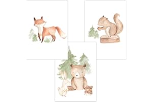 Olgs Babyzimmer Bilder 3er Set | Kinderzimmer Deko Poster DIN A4 | Wandbilder Premium | Tiere Wandposter Mädchen, Junge | Waldtiere: Fuchs, Hase, Bär, Igel, Eichhörnchen