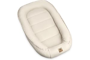 PIMKO Babynest Babynestchen für Baby Kuschelnest 2-seitig Babykokon für Säuglinge und Neugeborene Babynestchen 100% Baumwolle Nestchen geeignet für Zuhause 55 x 90 cm (Beige mit Klappe)
