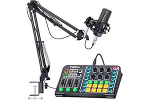 SOOMFON Micrófono Condensador con Tarjeta de Sonido Vivo - Microfono Streaming PC con Mesa Mezclas Kit, Soporte Metálico Ajustable, Soporte Choque, Reducción Ruido, para Podcast, Grabar, Gaming, DJ