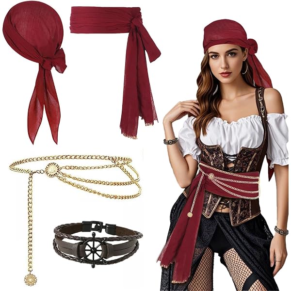 TYXHXTF Set De 7 Accessoires Pirate – Ceinture, Bandana, Cache-Œil, Collier, Boucle D’Oreille, Bague, Bracelet – Rouge Vin, Adulte/Enfant
