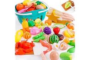 NUKIED Juego de Frutas y Verduras,Comida de Juego para Cortar, 66 Pcs Alimentos Accesorios de Cocinita con Cestas,Juego Montessori Niños 2 Años,Navidad Regalo Niño Niña Juegos Educativos Niños 2 3 4 5 Años
