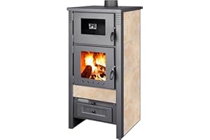 ProTermo Taurus Creme Kaminofen mit Backfach – 12kW Heizleistung - Holzofen mit Schamottstein Energieeffizienzklasse A 52 x 50 x 107cm 2 Sichtfenster