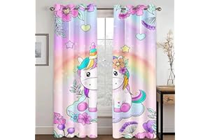 WEQEER Rideaux opaques - Rideau occultant - Motif licorne - Dessin animé - Cheval rose - Rideau de fenêtre pour chambre d'enfant - Motif arc-en-ciel - Nuages - 4,280 x 245 cm (2 x 140 x 245 cm)