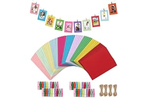 AHYDFSR 40 Stück Papier Fotorahmen, Bunt Papier Fotorahmen, Bilderrahmen aus Pappe in 10 Farben + Schnur + Bunte Miniwäscheklammern, DIY Kraftpapier Bilderrahmen Hängende Wanddekoration(Bunt)