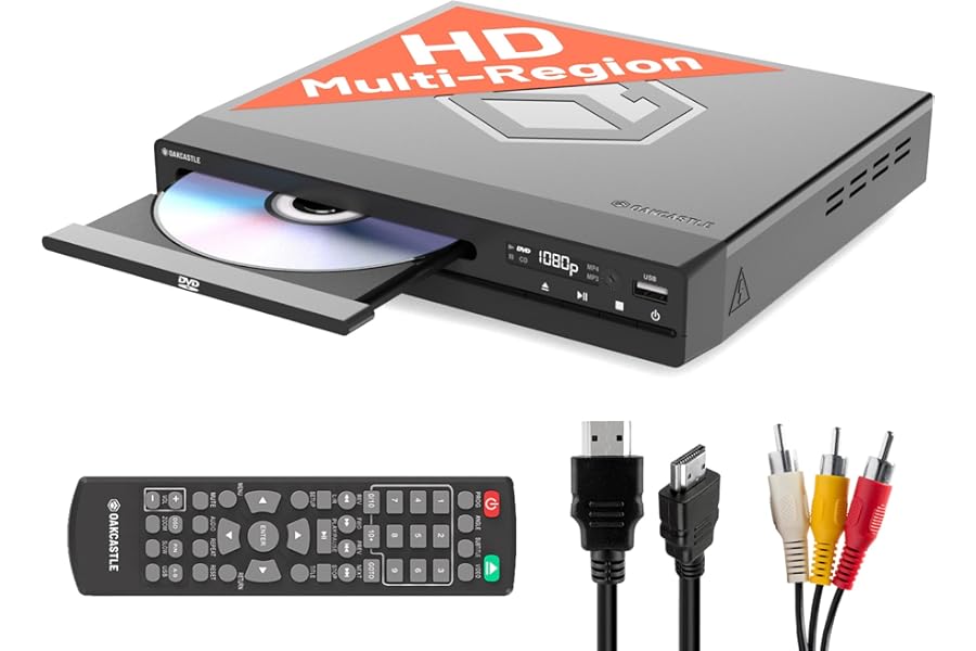 Compact DVD Player with Included HDMI | Multi Region Disc Playback | 1080 HD Upscaling | HDMI, RCA, & AV Connectivity | USB, MP3, & CD Playback | Easy Use Remote Control Included | OAKCASTLE DVD100