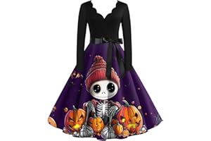 BTBDYDH Halloween Dress Retro Long Sleeve V Neck Dress Flare Vintage Hepburn Dresses Pumpkin Bat Witch Printed Cosplay Party Costume Cocktail Swing Dress Cute Novelty Gothic A-line Dress