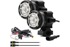 Kairiyard Phares Rond LED de Moto Projecteur Avant Feux de Brouillard Supplémentaires pour Moto avec Interrupteur et Support de Montage 90W 9000lm+ Flash Dual Mode Lentille en Verre Trempé CNC IP68.