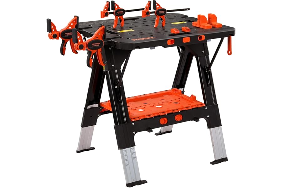 PONY 2-in-1 Folding Workbench, 227 kg Work Bench & 454 kg Saw Horse, 6 Adjustable Height Portable Work Table4 Quick Clamps, 4 Clamp Dogs & Tool Tray, 79 x 89 x 63.5 cm