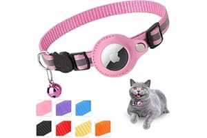 MOUYOUGLOW Mouyou Airtag Katzenhalsband,Airtag Halsband Katze Weiches Nylon Reflektierend mit Glocke und Sicherheitsverschluss,Tracking Katzen Halsband mit Halter Airtag Hülle Verstellbar von 22-34cm Rosa