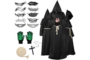 Ligtmor Halloween Kostüm Herren, Mönch Kostüm Priester Gewand mit Kapuze Mittelalterliche Kapuze Herren Männer Mönchskutte für Halloween Party Cosplay(Schwarz, Rot)