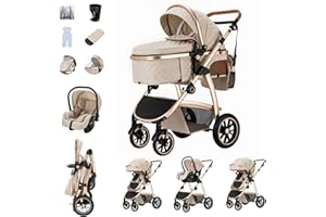 Zkiprm Baby Stroller 3-in-1, Travel System Includes Car Seat, Pushchair and Pram, Compact Stroller with Adjustable Armrests, Impact Protection, Landscape High Aluminum Frame