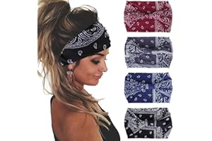 Mscat 4 Packs Wide Headband Fashion Headscarf Bohemian Style Elastic Knotted Non-slip Headbands Suitable For Black Women Outdoor Yoga Sports Printed Hair Accessories