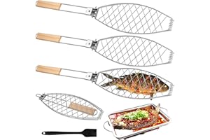 GOMETY Soporte para barbacoa de pescado con mango de madera, 3 unidades, 63 x 12 cm, asador de pescado grande con mango de metal, pinzas para barbacoa y barbacoa