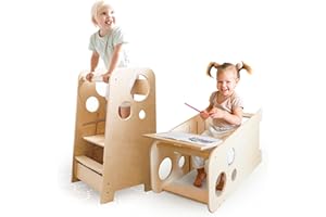 BusyKids Montessori Multifunctional Toddler Learning Tower 750+ WP Unfinished wood (No varnish) Height Adjustable Kids Kitchen Helper Table and Chair Set Step Safety Standing Step Stool