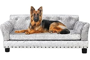 BingoPaw Large Dog Sofa Couch: Luxury Velvet Upholstered Pet Sofa Lounge Bed for Large Dogs - Wooden Frame Raised Puppy Sofa Chair with Comfortable Cushion Mat Grey L(96X70cm)