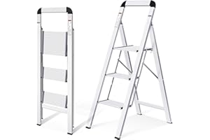 KINGRACK Escabeau, 3 marches, Escabeau Pliant avec Main Courante, Escabeau ménager antidérapant avec sécurité Pliante, Escabeau en Aluminium, Charge maximale 150 kg, 3 marches argenté