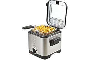 Mesko MS4910 Friteuse Électrique à Huile, Capacité de 1,5 L, Température Réglable, Cuve Antiadhésif, Couvercle avec Filtre Anti-odeur et Fenêtre de Contrôle, Nettoyage Facile, 900W, Inox