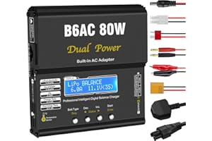 HTRC B6AC LiPo ladegerät Balancer, 80W 6A RC Ladegerät, LiPo Charger für LiPo/Li-Ion/Life (1-6S), NiMH/NiCd (1-15S) und PB Smart Akku, RC Akku Ladegerät mit LED-Bildschirm und XT60/Deans/JST