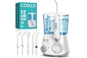 COSLUS Irrigador Dental Sobremesa Profesional: 2 Modos y 12 Presión Ajustable - 600ml Irrigador Bucal para Adultos Usuarios de Ortodoncia/Encías Sensibles -Uso Hogar Baño con 5 Boquillas - Blanco