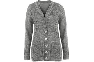 PURPLE HANGER New Womens Everyday Long Sleeve Button Top Ladies Chunky Aran Cable Knit Grandad Cardigan
