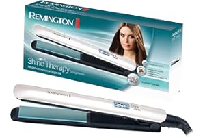 Remington Plancha Pelo 150 °C-230 °C, calentamiento rápido Shine Therapy revestimiento cerámica avanzada con aceite de argán y vitamina E, pantalla LCD, 9 ajustes temp, apagado automático S8500