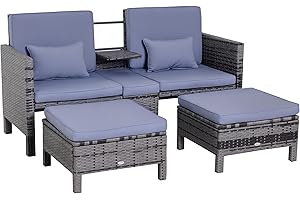 Outsunny 3-TLG. Gartensofa Gartenmöbel Lounge Gartenset Rattenmöbel Sitzgruppe Grau Polyrattan + Metall 2er-Sofa 2 x Hocker Kissen