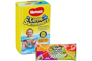 FANCY LABELS Swim Nappies Bundle with Huggies Little Swimmers Swim Nappies, Size 5-6 (12-18kg) 11 per Pack and Fruit Shoot Squeezee No Added Sugar Freeze Pops (12x45ml) 540ml