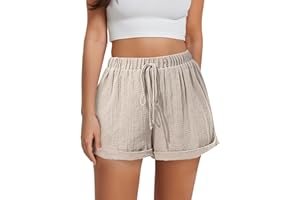 Sahunfri Short d'été en lin pour femme - Taille haute - Avec cordon de serrage et poches