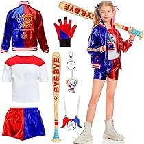 Quin kostuum voor kinderen, meisjes, suicide kostuum, boze schurk clownskostuum, set met jas, T-shirt, shorts, handschoen, sleutelhanger, halsketting voor Halloween, carnaval, carnaval, Kerstmis