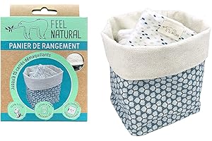 Feel Natural - Panier de Rangement pour Carrés Démaquillants - En Pur Coton - Lavable - Dimensions : 10 x 10 x 12 cm - 1 Unité