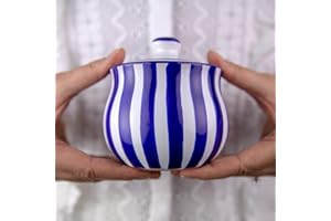 City to Cottage | Sucrier Pot de sucre | à rayures bleu marine et blanches en céramique avec couvercle fait et peint à la main