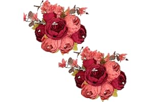 Tifuly 2 Piezas de Ramos de peonía Artificial, Ramo de Flores de imitación de peonías de Seda realistas para la decoración del Banquete de Boda en el hogar, arreglos Florales (Rojo Oscuro)