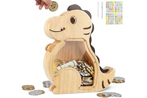 omedecal Salvadanaio Bambini in Legno con Adesivi e Pennarello, Riutilizzabile Salvadanaio Apribile Soldi Cash Box Risparmio Soldi per Bambini e Adulti - Dinosauro