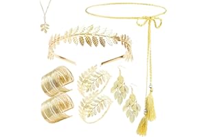 TUBAWD Greek Costume, Greek Costume Girls, Greek Goddess Accessories with Complete Leaf Crown Pearl Necklace & Arm Cuffs Earrings Set for Women Wedding