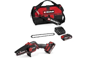 Einhell Tronçonneuse à chaîne sans fil GE-PS 18/15 Li Bag Kit Power X-Change (18 V, Brushless, longueur de coupe 12,5 cm, avec batterie 2,5 Ah, chargeur, chaîne de rechange, sac Einhell 45/29)