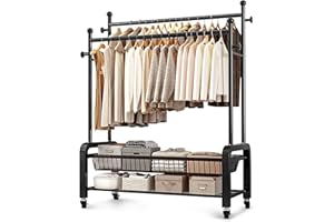 MONKLE - Appendiabiti da terra, Appendiabiti con ruote,stand appendiabiti con 2 strati di stoccaggio(nero)