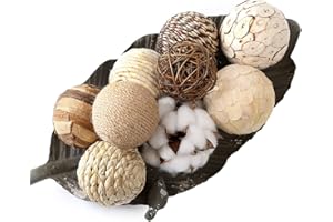 CIR OASES multi-material tri-color decorative ball 9 balls, natural rattan weaving ball, cotton ball, used for vase bowl filling, table decoration (natural)