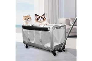 WUDLEP Double-Compartment Pet Rolling Carrier with Wheels for Cat/Dog, 60x40x35cm Large Rolling Cat Carrier for 2 Pets, for Up to 35 LBS, Ideal for Traveling/Camping/Hiking, Grey