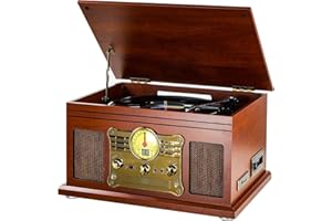 MERSOCO 10-in-1 Bluetooth Record Player Multifunctional 3-Speed Turntable for Vinyl Record with Stereo Speaker,LP Vinyl to MP3 Converter with CD, Cassette Player,FM Radio,Wireless Music Streaming | Mahogany