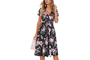 OUGES Women's Summer Midi Dress V-Neck Long/Short Sleeve Floral Ladies Spring Dress with Pockets