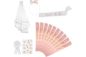 Domkan Despedida De Soltera Accesorios, 15 Unidades para Novia y Equipo de Novia con 10 Fajas del Equipo Bride, 1 Velo Novia Despedida Soltera, Velo, Insignias, Tiara, Tatuajes, Despedida de Soltero…