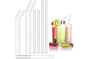FIHODONE 8 szklanych słomek, 4 zakrzywione słomki do picia i 4 proste szklane słomki, grubość 16 cm, z 2 szczotkami do czyszczenia, słomki wielokrotnego użytku, do koktajli, soków, shake'ów