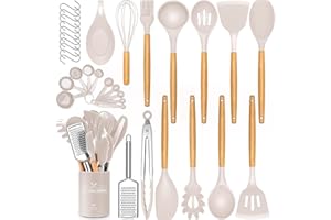 DLD Set di 34 utensili da cucina in silicone, resistenti al calore, con manici in acciaio inossidabile di alta qualità, per cucinare e cuocere, spatole antiaderenti, utensili da cucina (khaki)