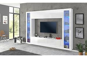 Dmora Parete attrezzata Luigi, Set Salotto Porta TV a 4 Ante, Mobile Soggiorno Multiuso, 100% Made in Italy, cm 260x30h180, Bianco Lucido, con Luce LED Blu e Due vetrine